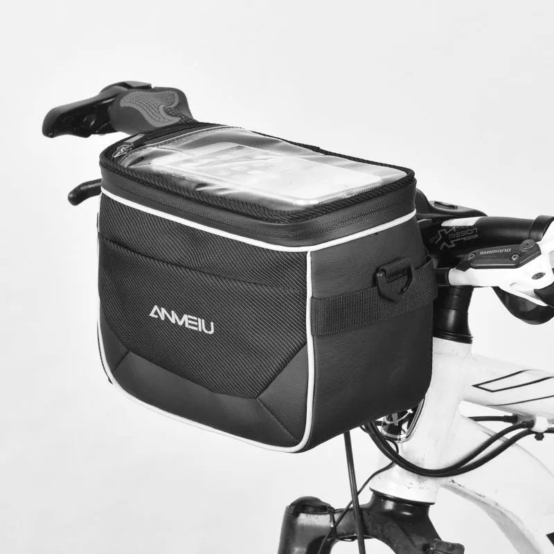 Black waterproof bicycle handlebar bag mounted on bike with folding design showing 7-inch height measurement