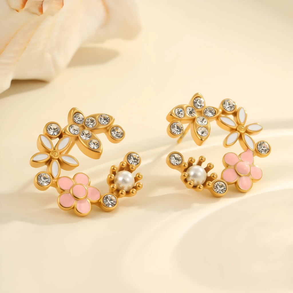 Colourful flower stud earrings with petal design on stainless steel