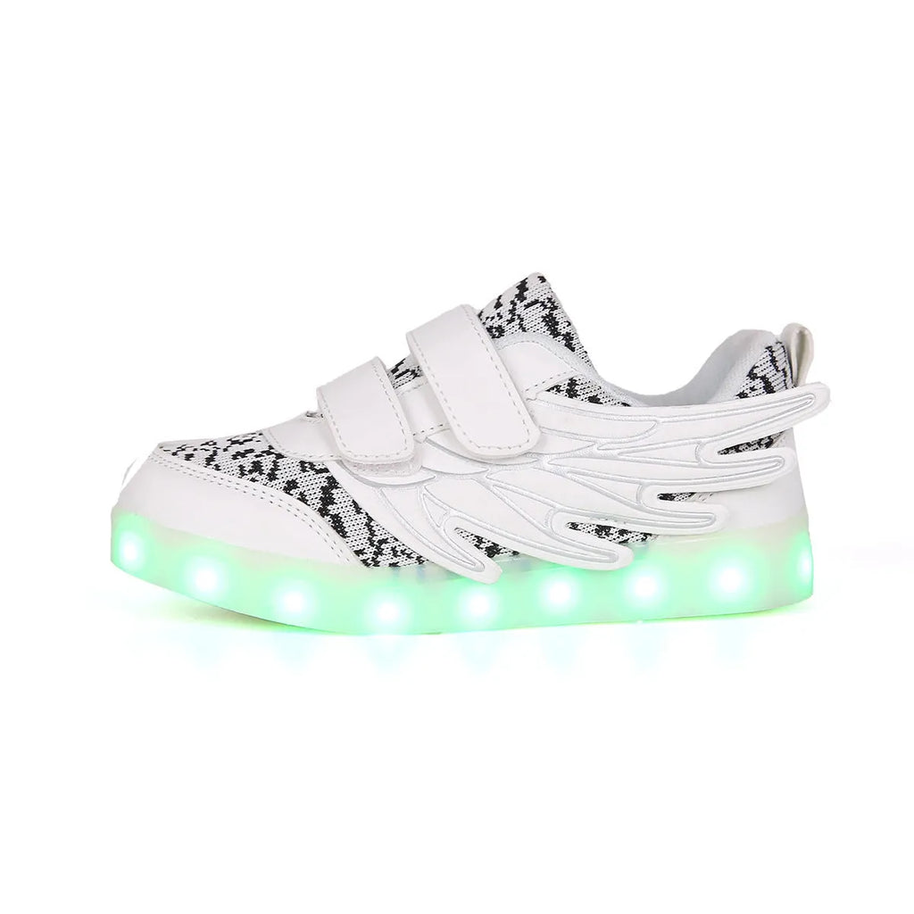 Children's plum red and white LED light-up trainers with colourful wing designs and USB charging port.