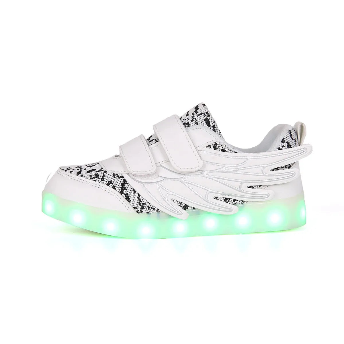 Children's plum red and white LED light-up trainers with colourful wing designs and USB charging port.