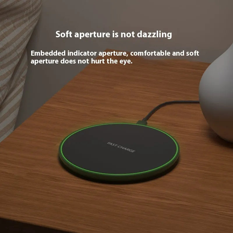 Ultra-thin round wireless charger in white with Type-C port, 15W fast charging desktop pad