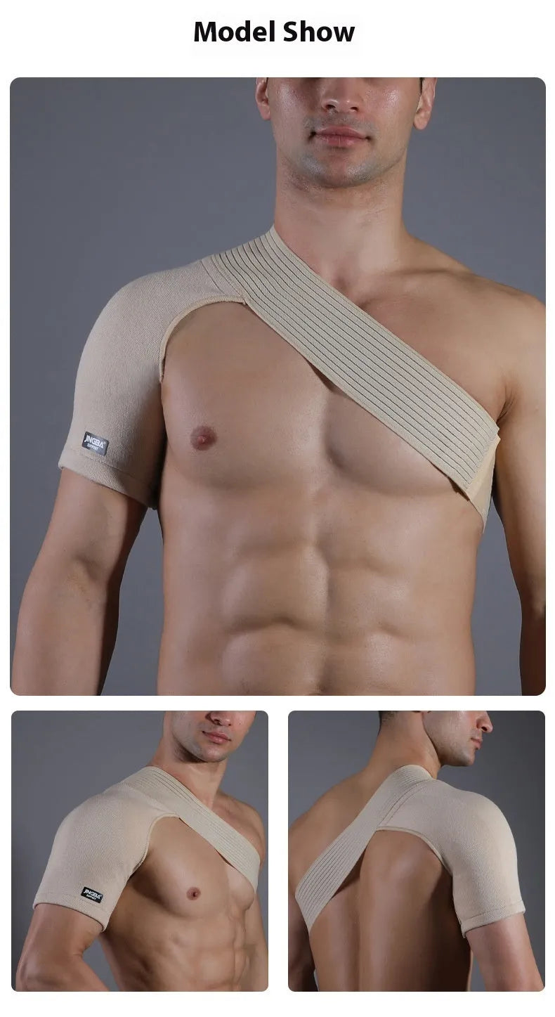 Adjustable skin-coloured sports protective strap for shoulder support in multiple activities.