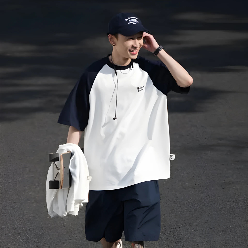 Casual blue raglan sleeve t-shirt with loose pullover style for men