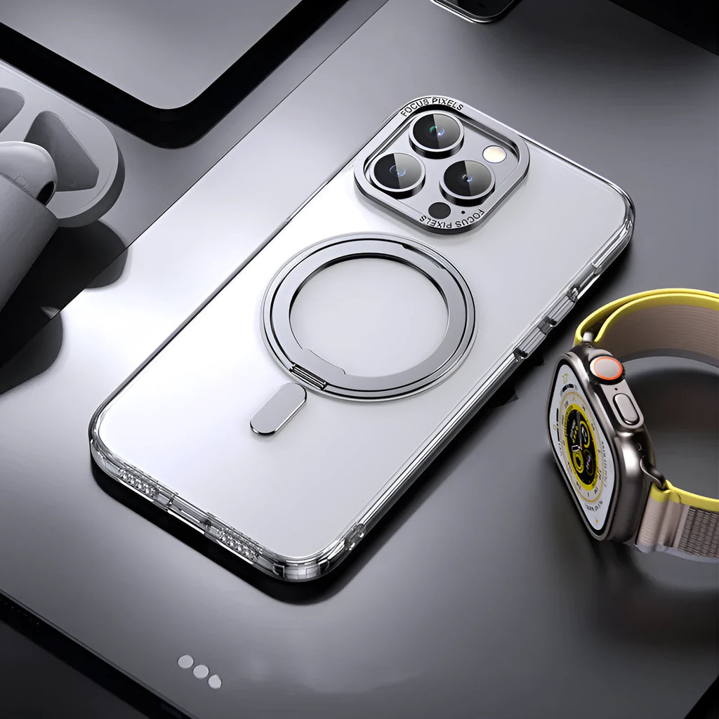 Transparent iPhone case with magnetic bracket for iPhone 11 to 15 Pro Max models in black, grey, purple colours