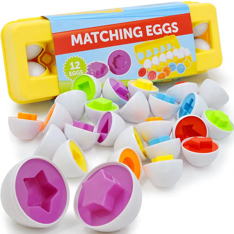 Set of 12 BPA-free plastic educational egg toys in green with shape matching and storage case