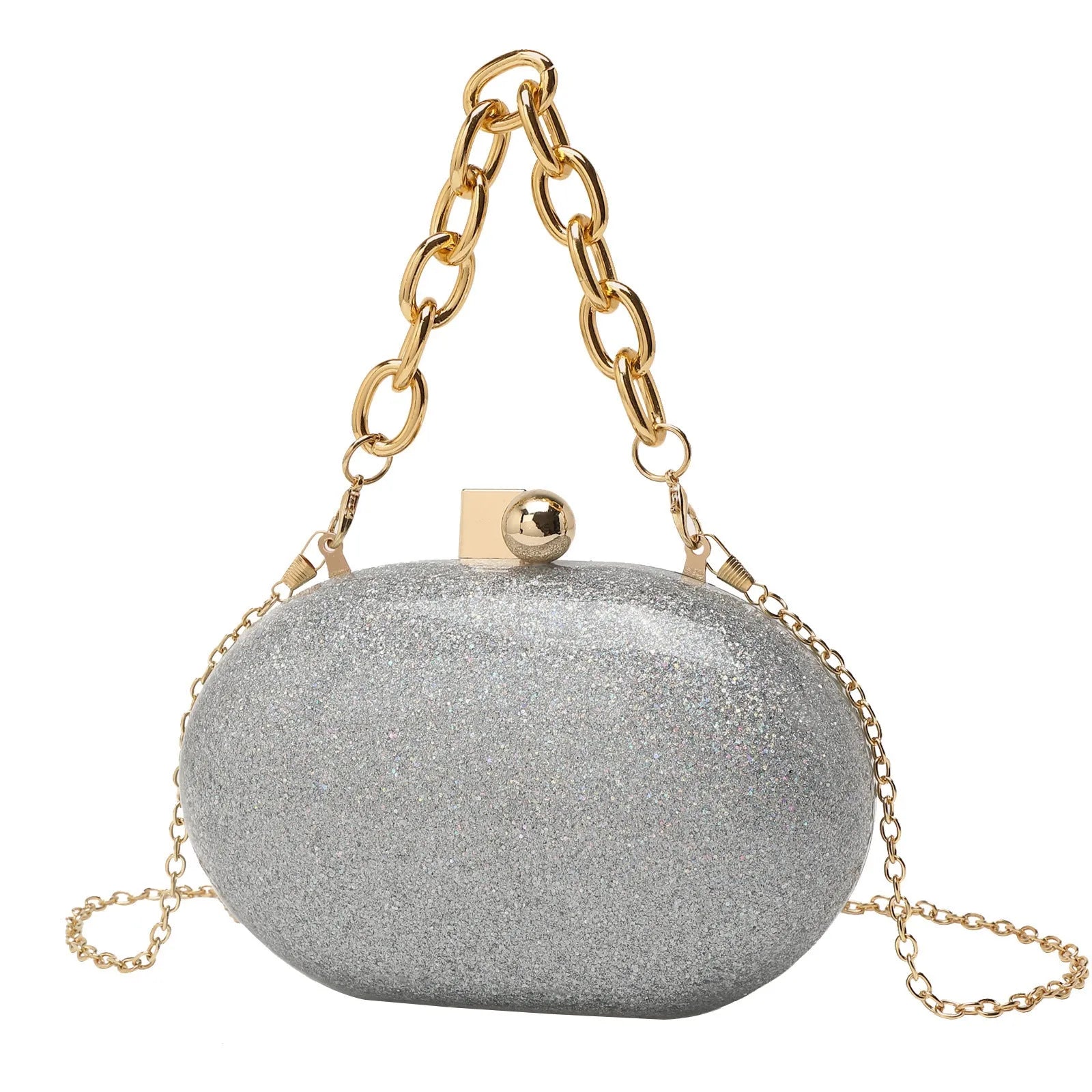 Oval acrylic women's clutch bag with detachable chain in pearlescent colour options