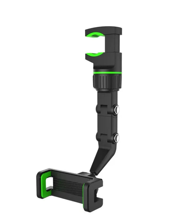Universal car rearview mirror phone clip in black attached to a mirror, with a smartphone inserted for hands-free use