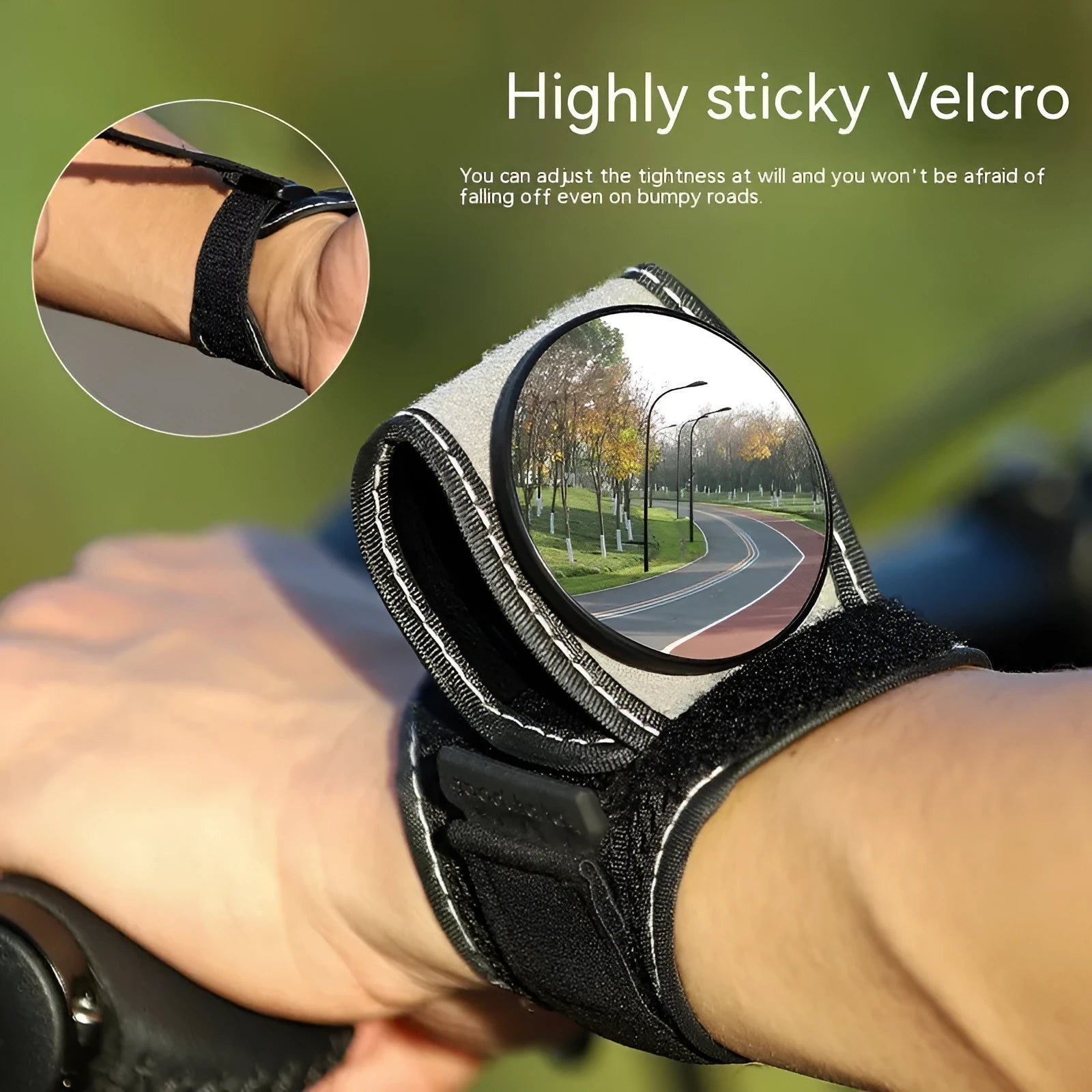 Black wrist-mounted rear-view mirror for bicycles with adjustable nylon strap