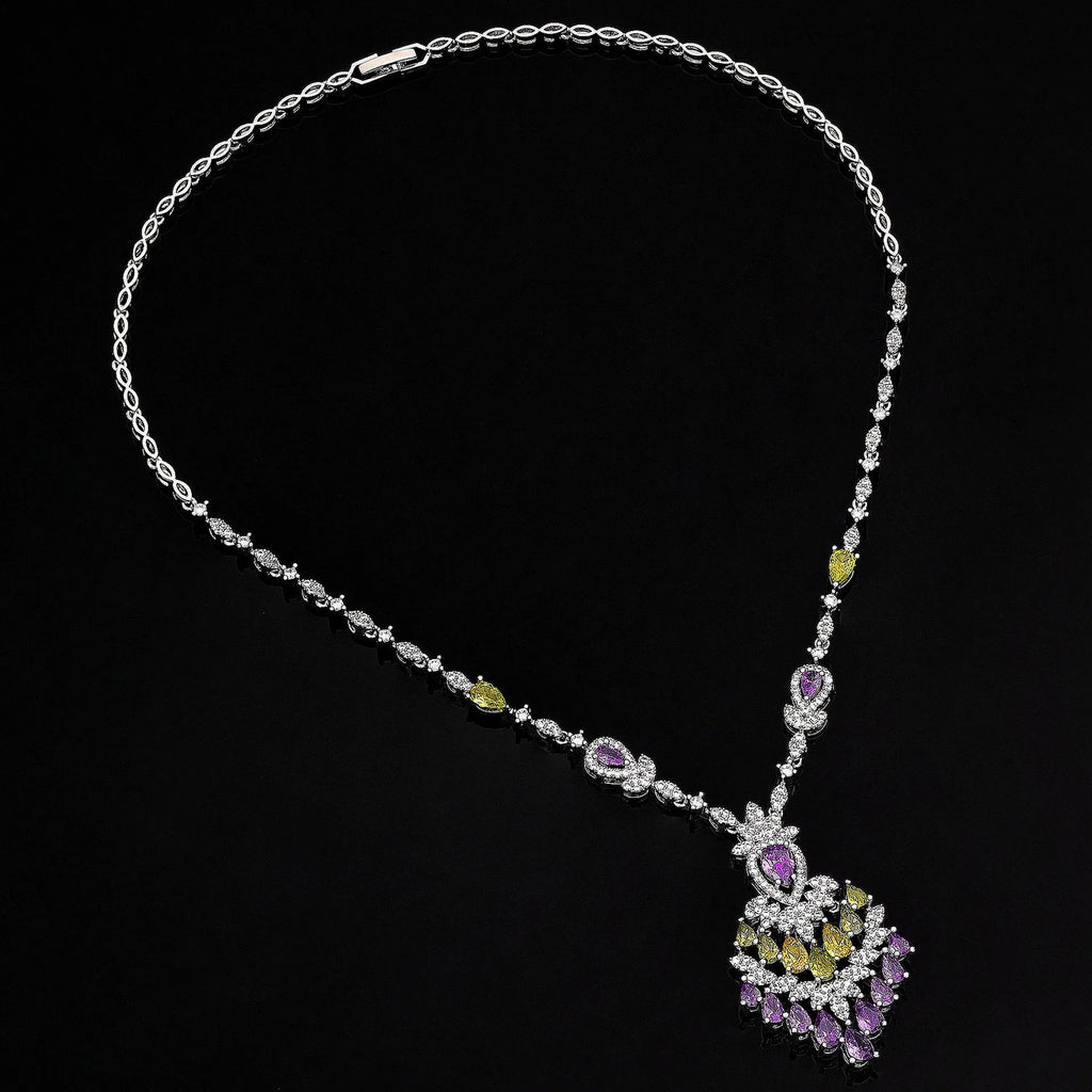 White copper zircon inlay floral pattern women's jewellery set with necklace, earrings, ring, and bracelet