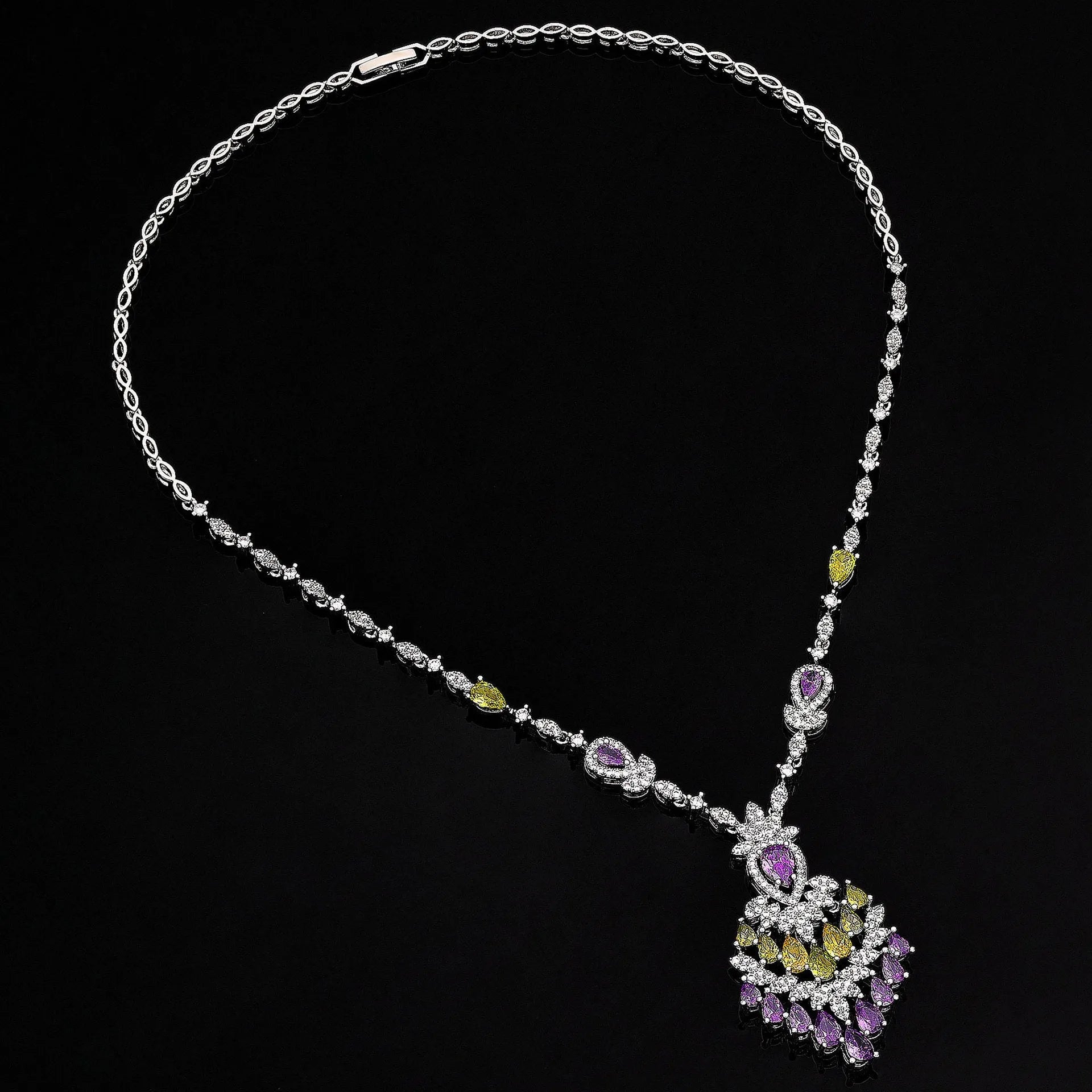 White copper zircon inlay floral pattern women's jewellery set with necklace, earrings, ring, and bracelet