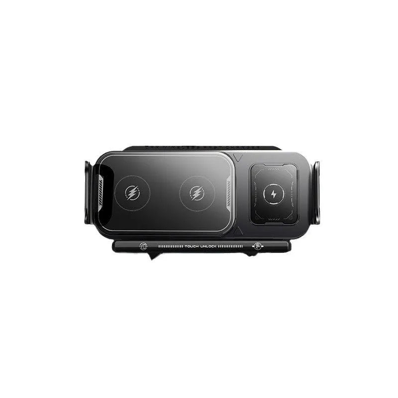 Foldable wireless car charger in Xingyao Black with Z1 base and phone mounted showing 15W fast charging