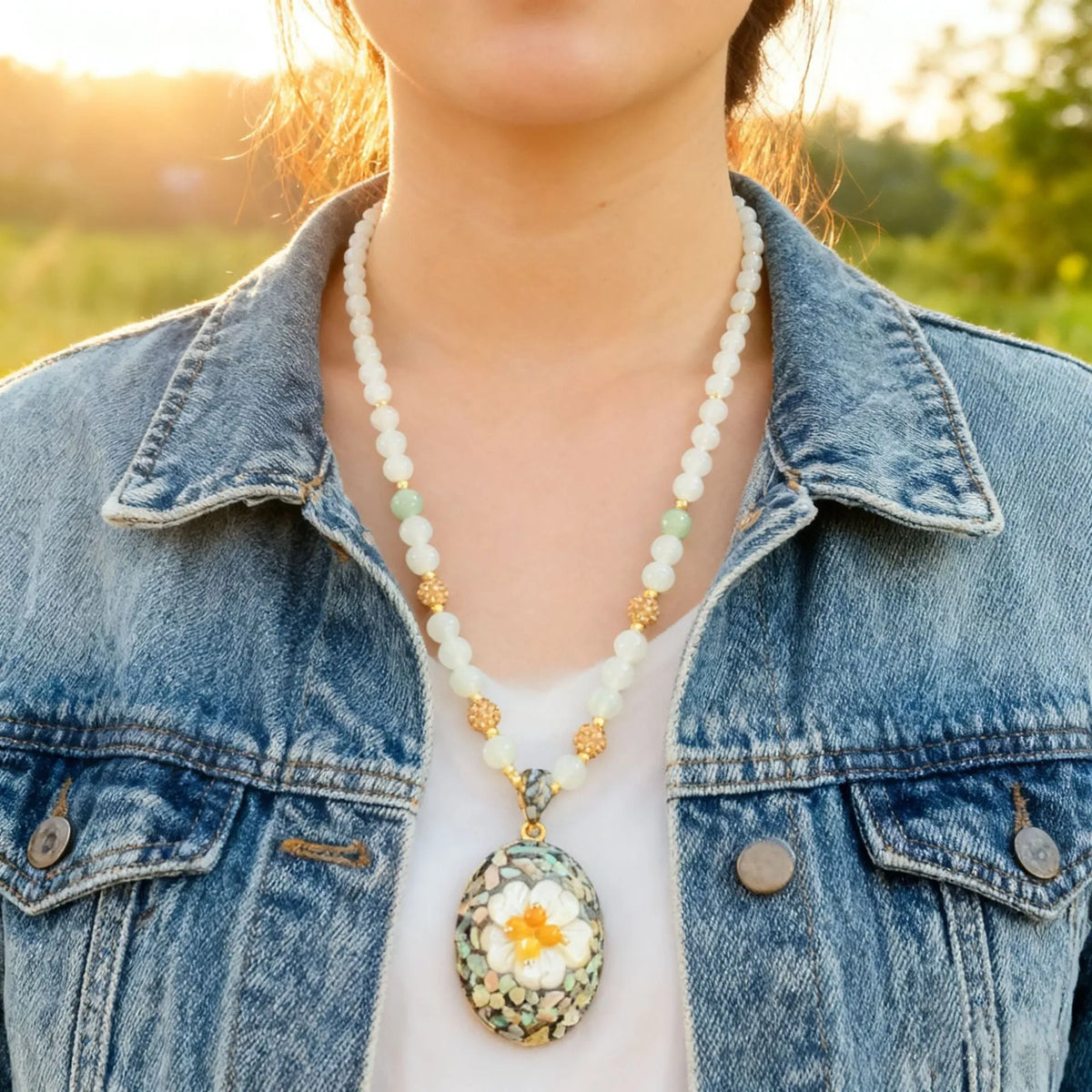 Mother-of-pearl shell necklace with rhinestone inlay, twist chain, 51-60cm, with earrings and bracelet set