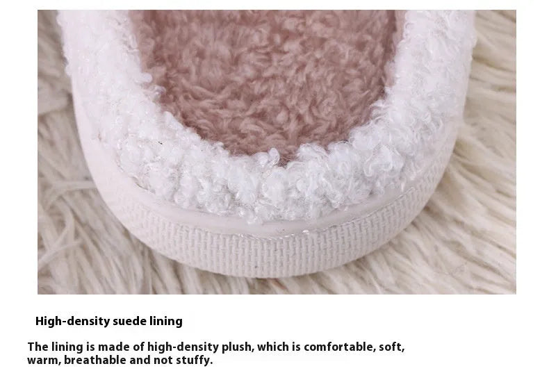 White fluffy cartoon slippers with a thick rubber non-slip sole and a toe holder strap.