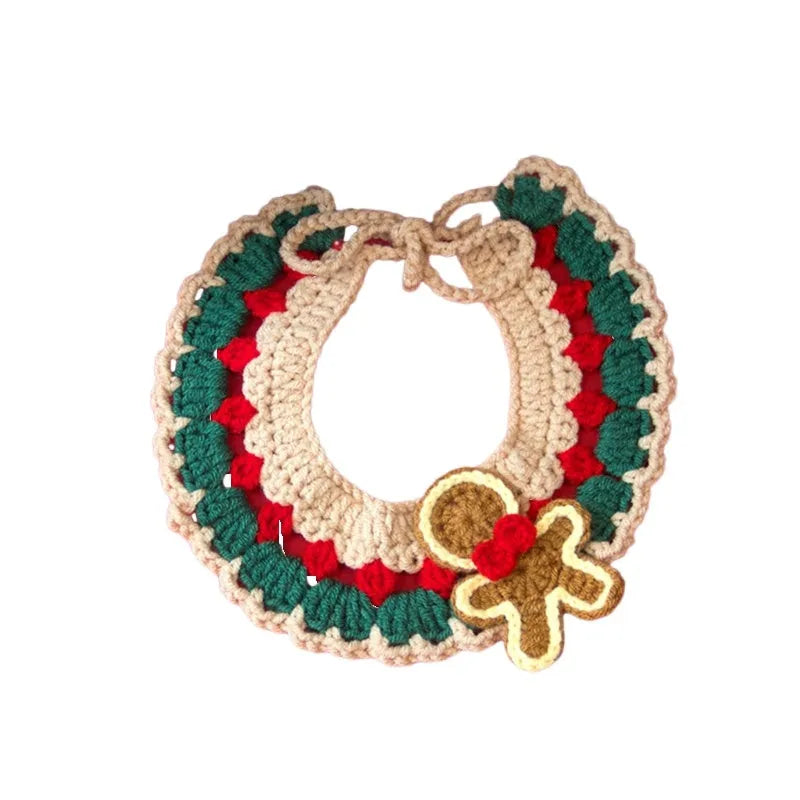 Adjustable Christmas knit pet collar with crochet Elk pattern, soft yarn, sizes L and M for cats and dogs
