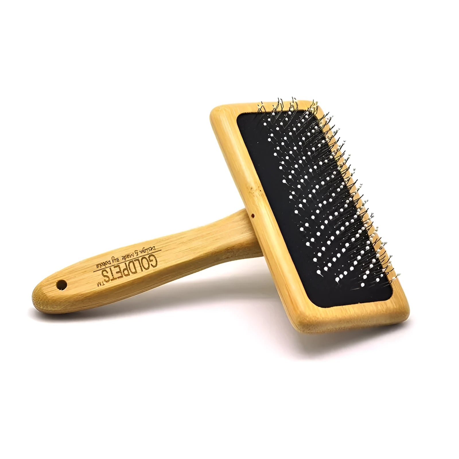 Goldpets bamboo and wood slicker brush for grooming cats and dogs with long prongs.