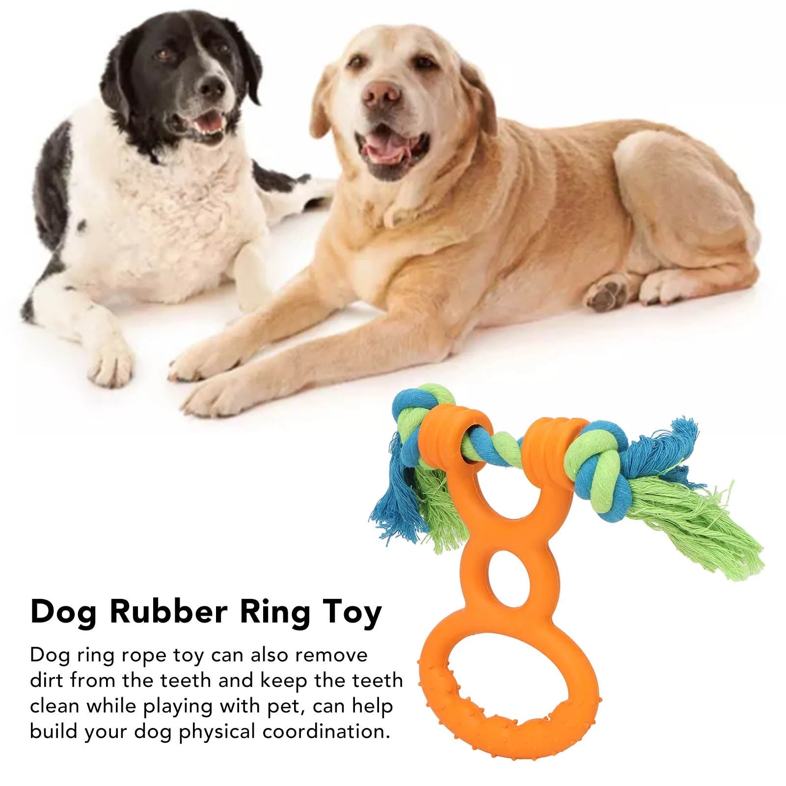 Orange dog rubber ring rope toy with cotton rope for teething and dental cleaning