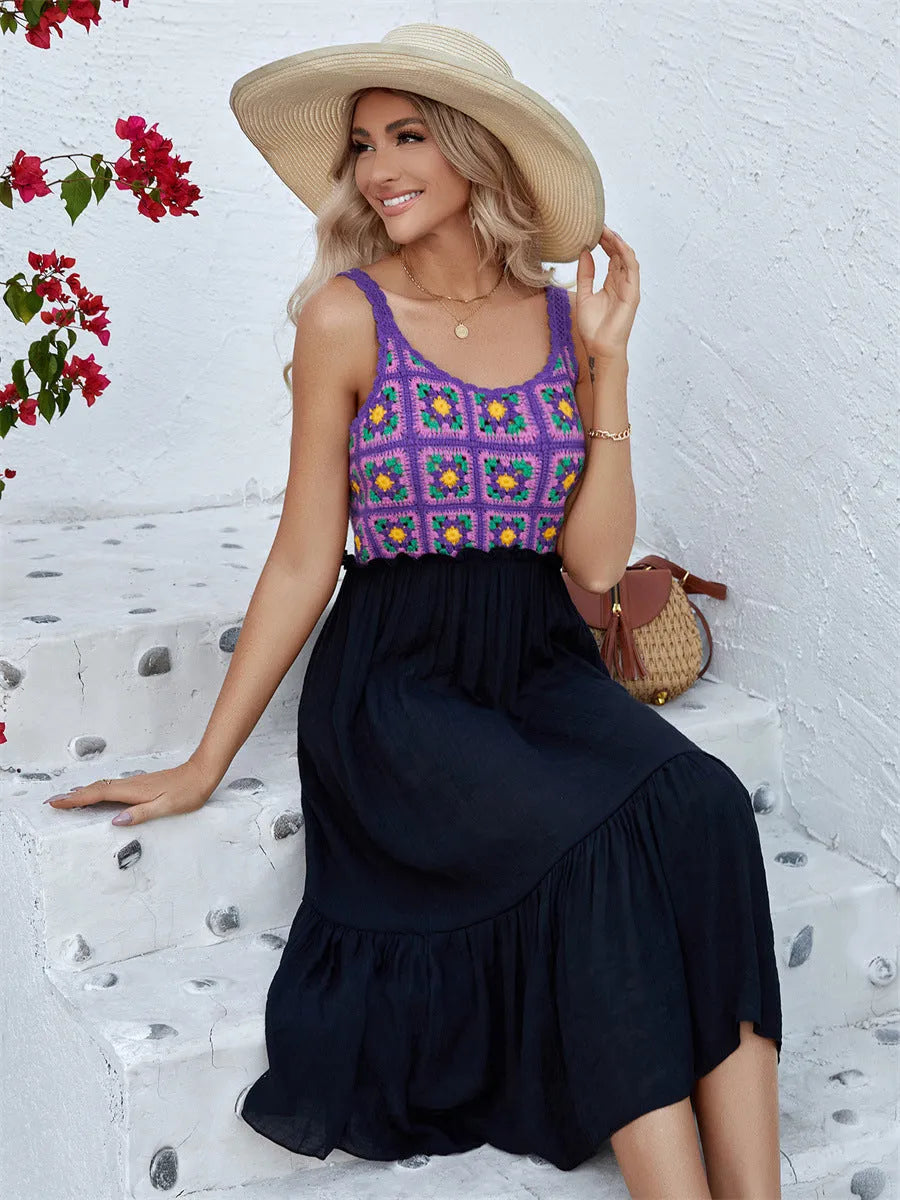 Purple women's sleeveless dress with detailed white hand hook flower stitching on the front.