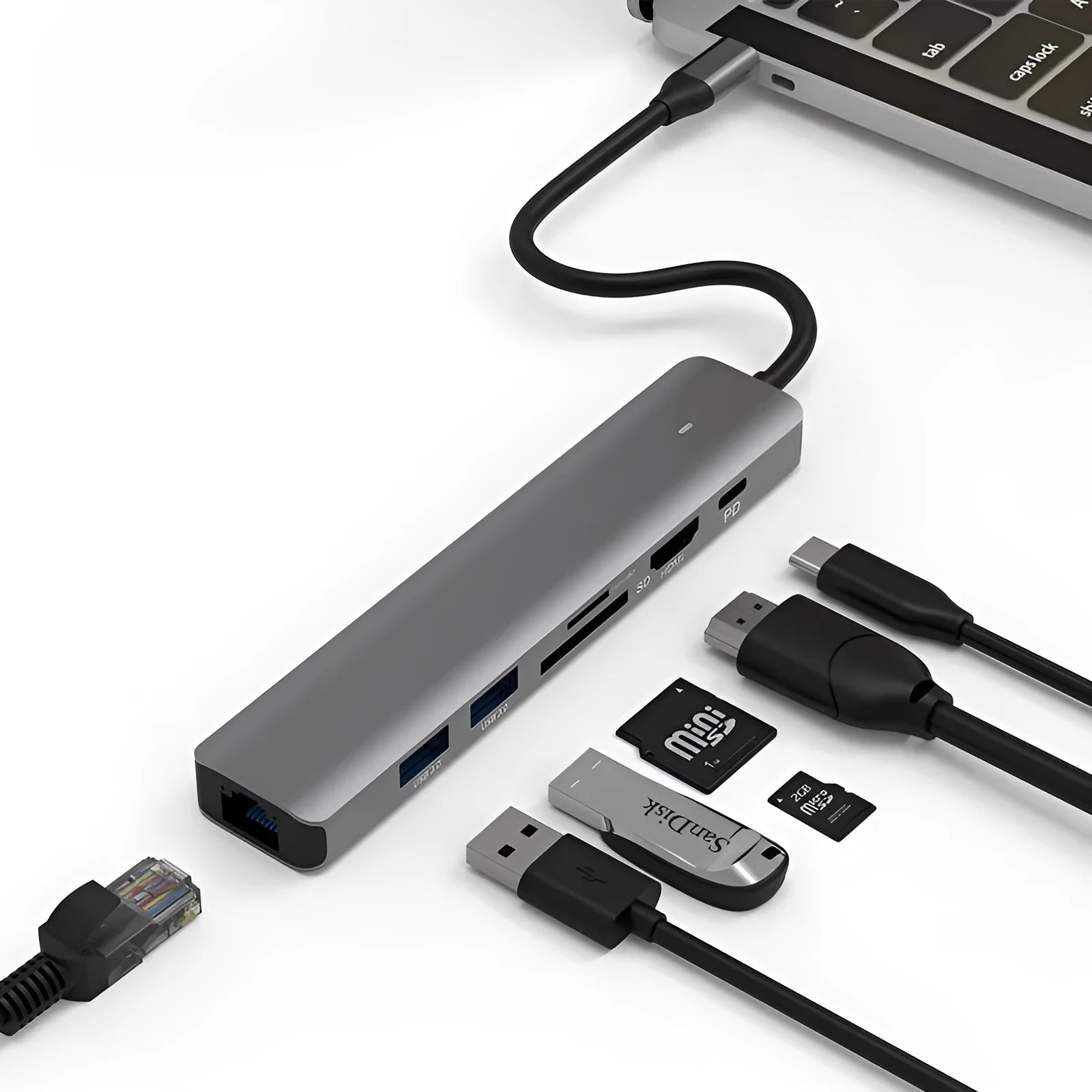 LQT-LH07 7-in-1 USB-C PD charging and card reader hub for laptops on a desk.