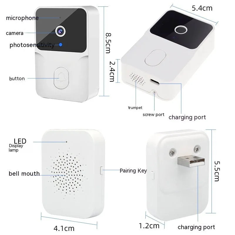 Wireless video doorbell with 60-degree night vision and cloud storage in black finish on a wooden door frame