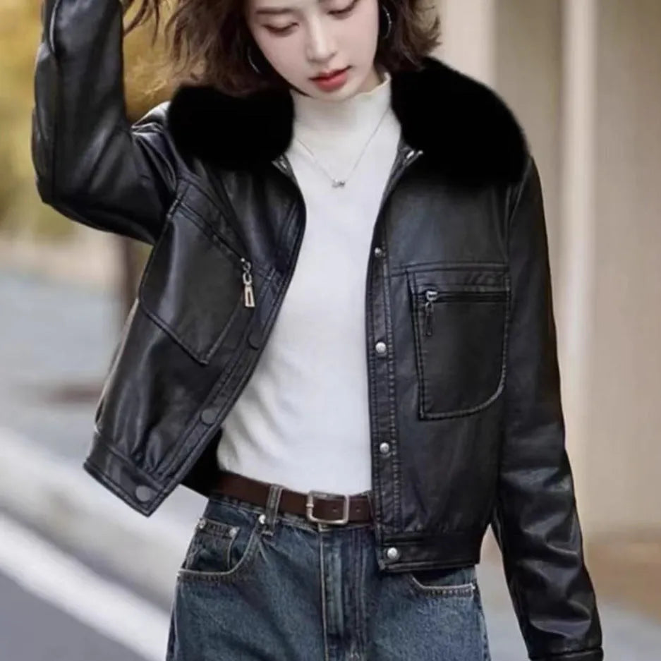 Women's fleece-lined faux leather coat in black, short lapel Western style, available in sizes L to 4XL