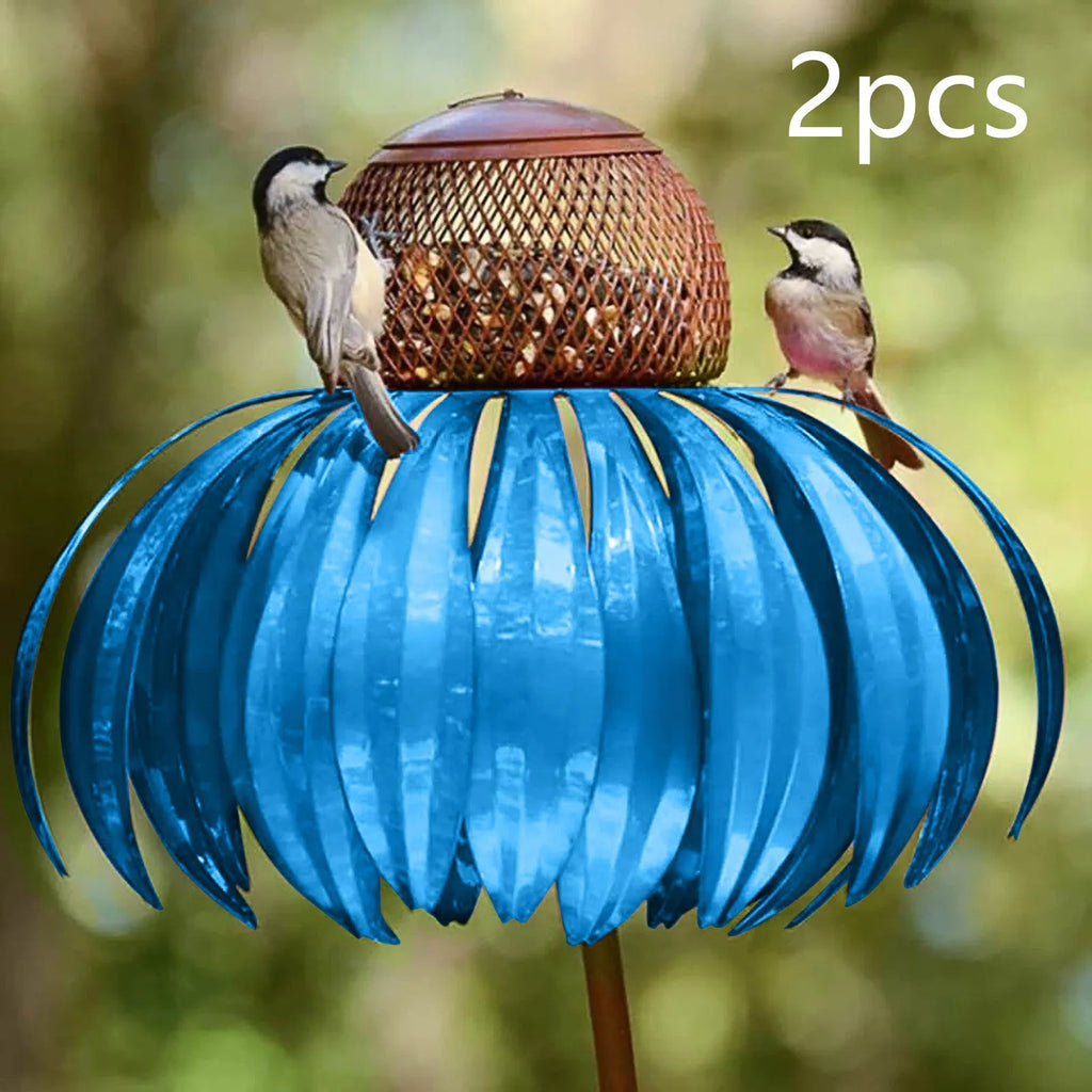 Garden petal shape wire bird feeder in red, 78cm long, hanging outdoors