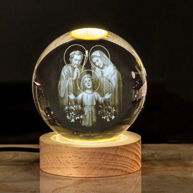 6cm white crystal ball desk ornament with laser-engraved cross design on a solid wood warm light base.