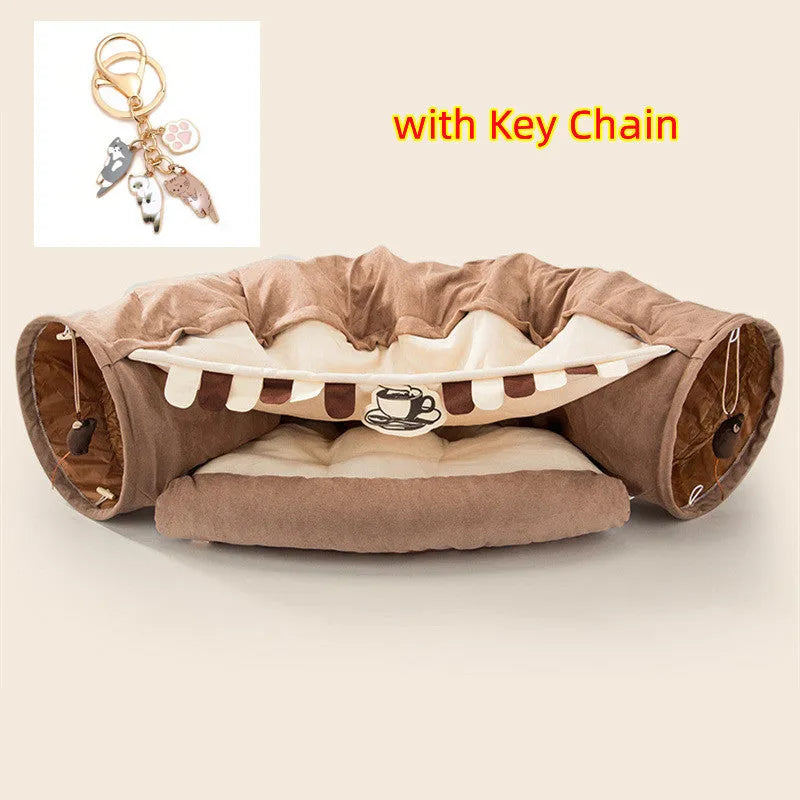 Collapsible cloth cat tunnel folded flat showing Bar colour option with 45cm length measurement