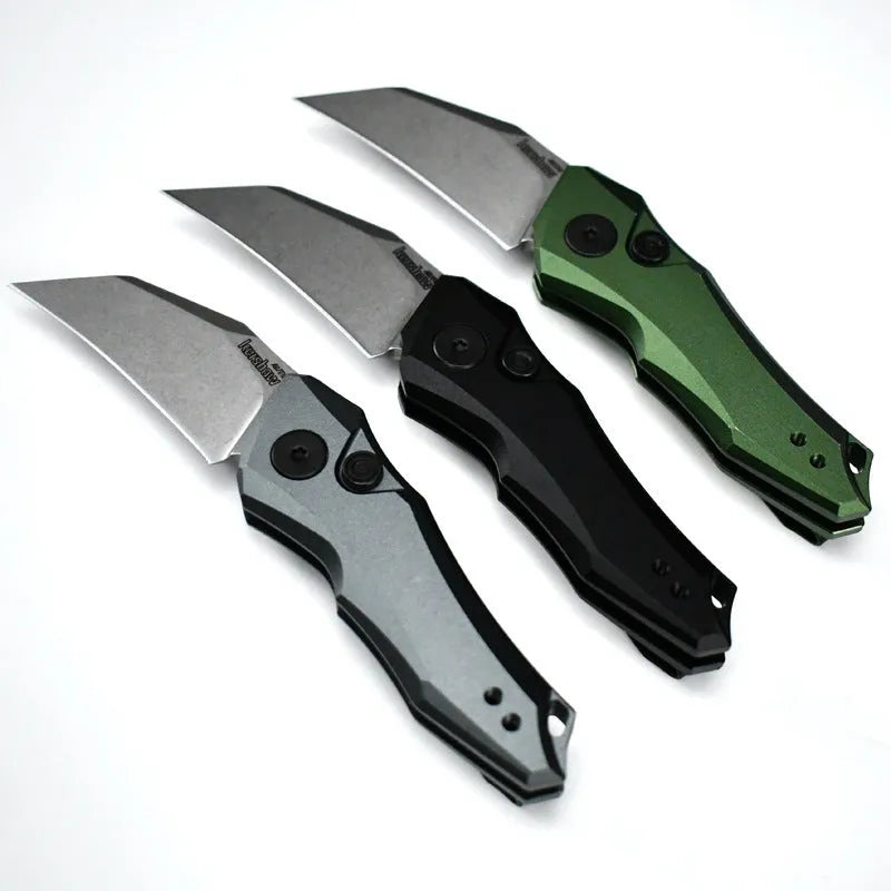 Outdoor folding knife with pocket clip, shown closed, in black, grey, and green colour options.