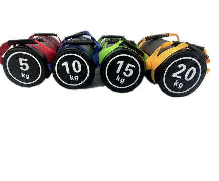 Flat white PVC fitness training sandbag for weight lifting in various sizes.
