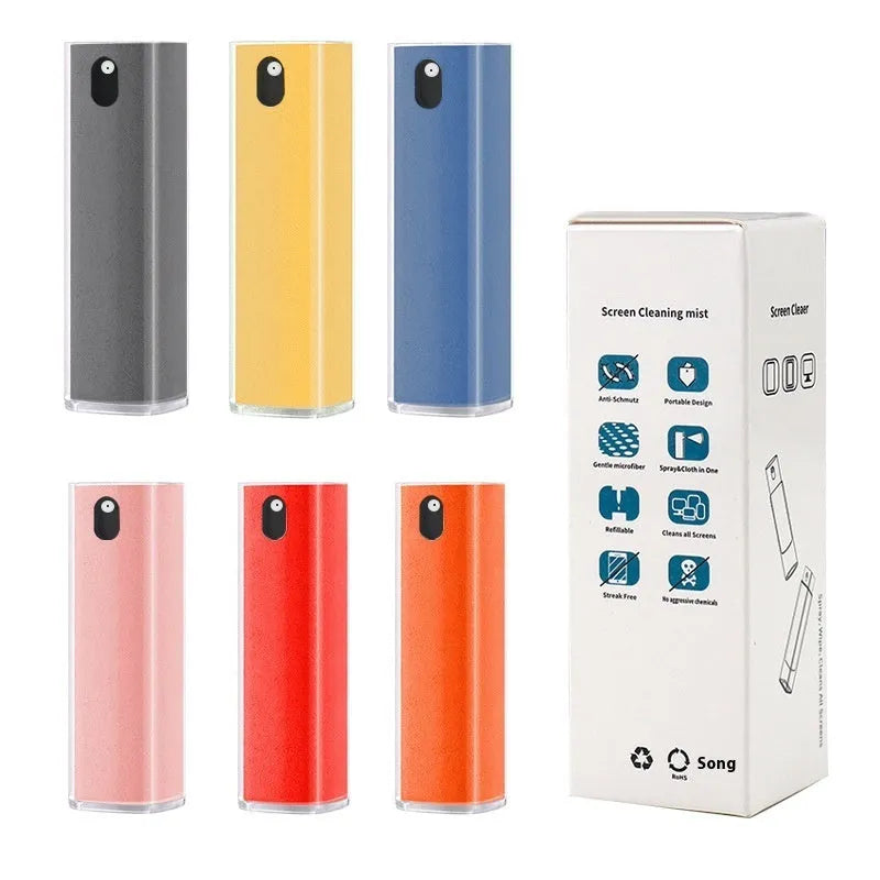 Screen cleaner with PC shell for mobile phones, tablets, and laptops, available in pink, purple, red ribbon, or yellow strap colours