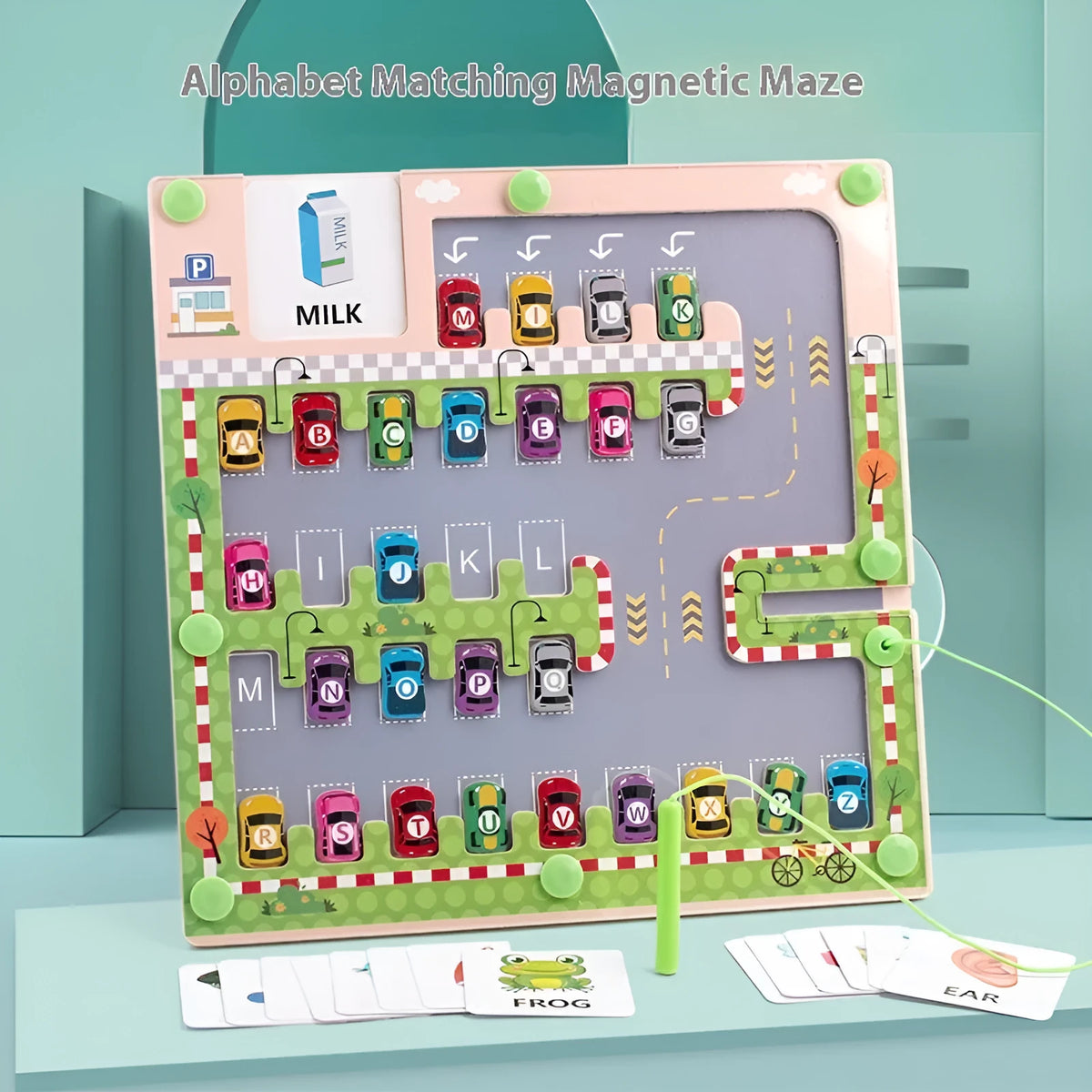 Wooden magnetic letter matching maze, 29.5cm square board with magnetic wand and coloured beads, colour box packaging