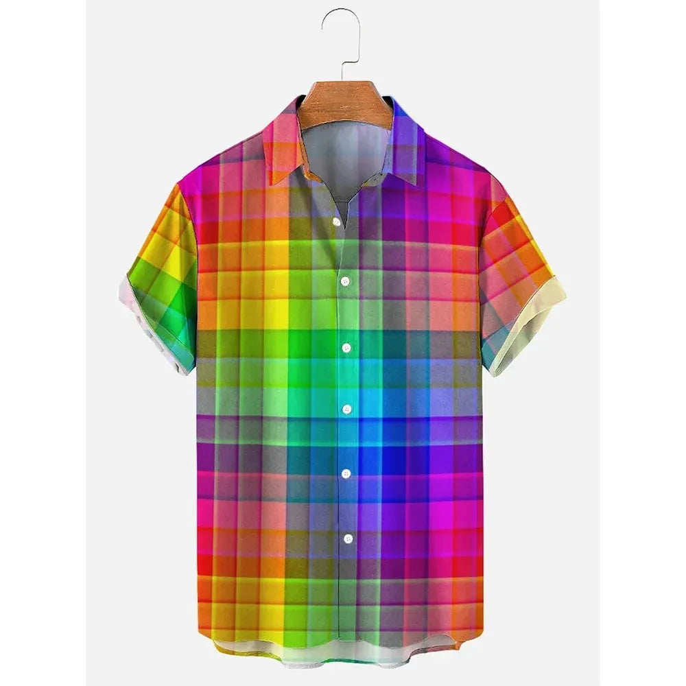 Man wearing a striped short sleeve Hawaiian shirt in elastic polyester fabric.