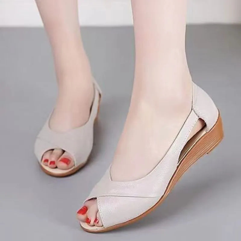 Women's casual peep toe mid heel sandals in black with ankle buckle and rubber sole
