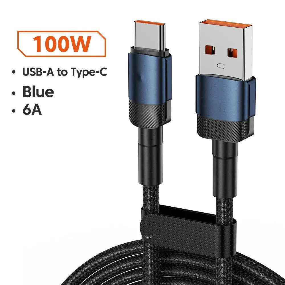 Aluminium alloy USB C fast charge cable with woven braiding in blue colour showing connector detail