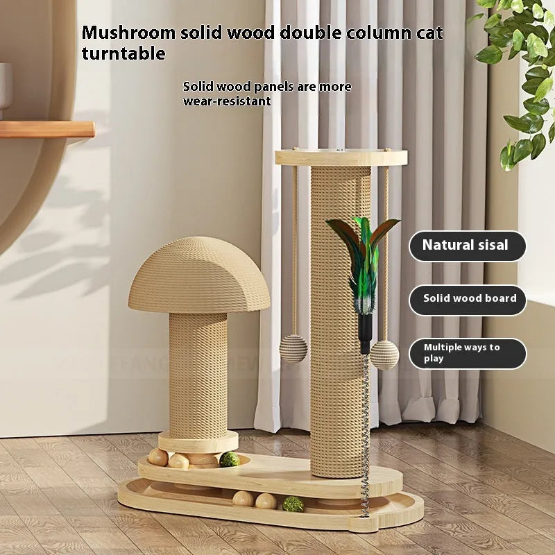 Solid wood cat scratching post with a rotating turntable, shown in a basic big flower style