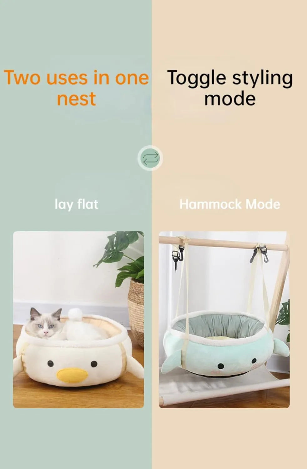 Green chick-shaped cat bed that can be used flat or hung as a hammock for a small cat.