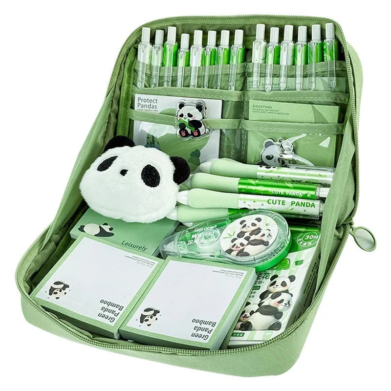 Green canvas panda pencil case showing twelve layered compartments open to reveal storage space