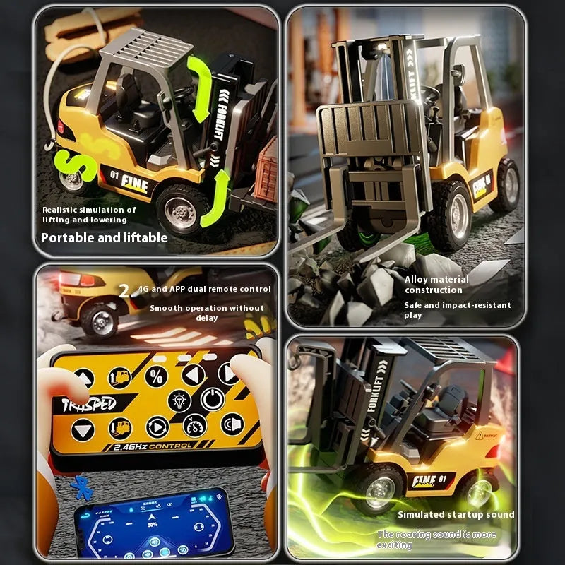 1:64 scale alloy remote control forklift truck with Bluetooth connectivity and obstacle accessories