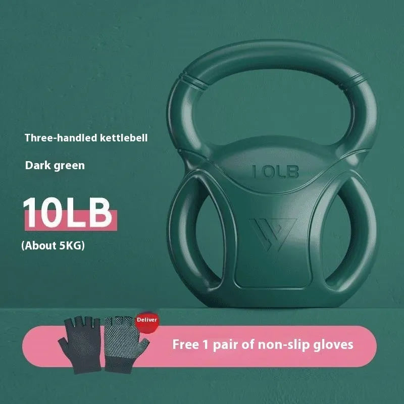 Pink kettlebell 10 lbs with gloves on wooden floor for home exercise