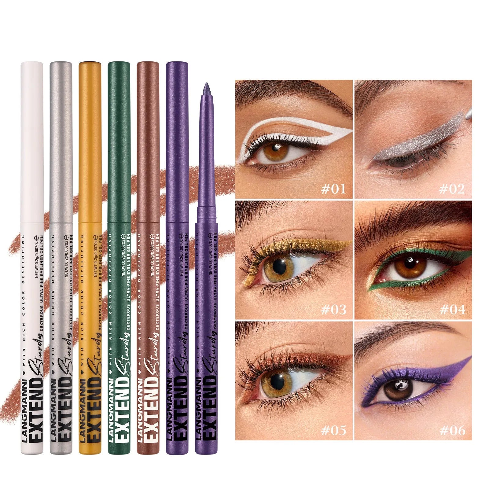 Set of 12 colourful gel glitter eyeliner pencils with various finishes including matte and glitter effects