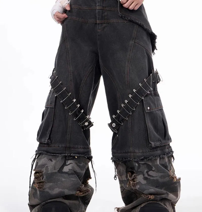 Men's grey camouflage pattern splicing jeans with pin detailing and ribbon accents on cotton denim