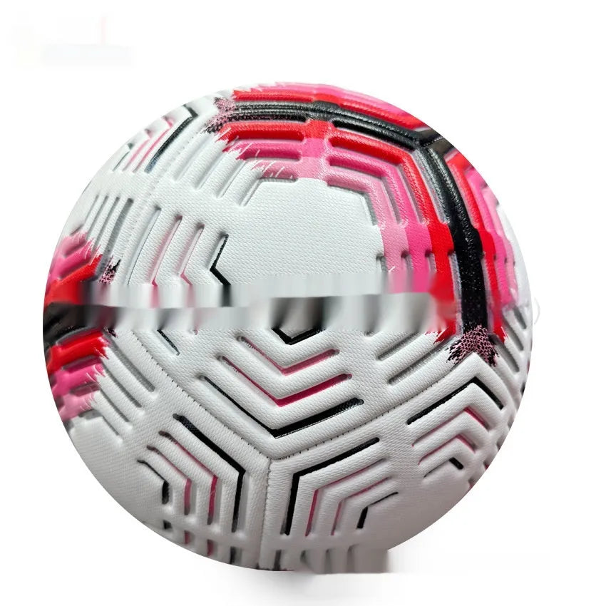 Size 5 PVC machine seam indentation competition football on grass in blue and white colourway