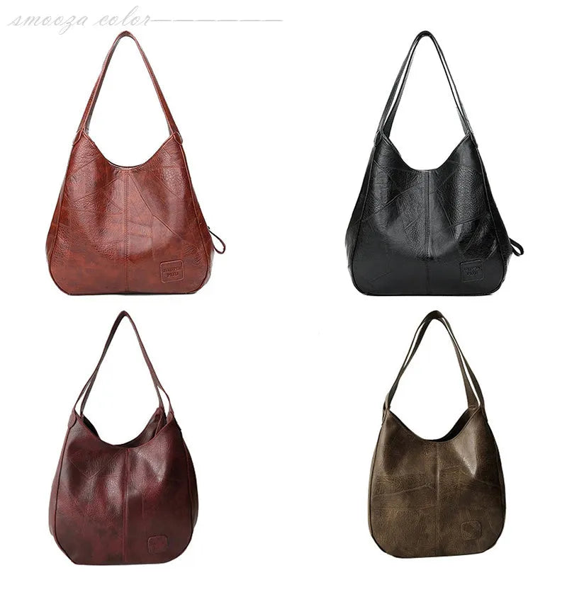 Vintage women's large PU shoulder tote bag in solid colour with double straps and magnetic buckle closure.