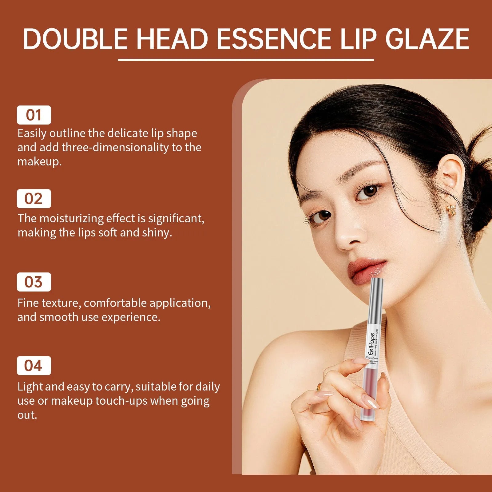 Double-headed lip liner and lip lacquer pen makeup product in matte finish.