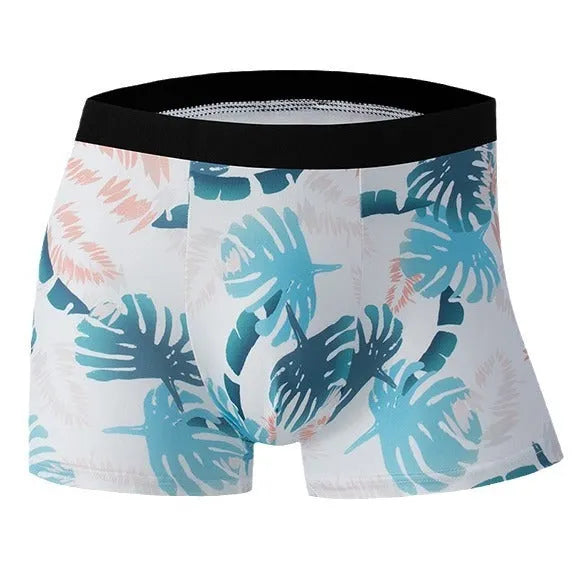 Men's printed ice silk boxer shorts showing floral pattern on breathable polyester fabric with mid waist design.