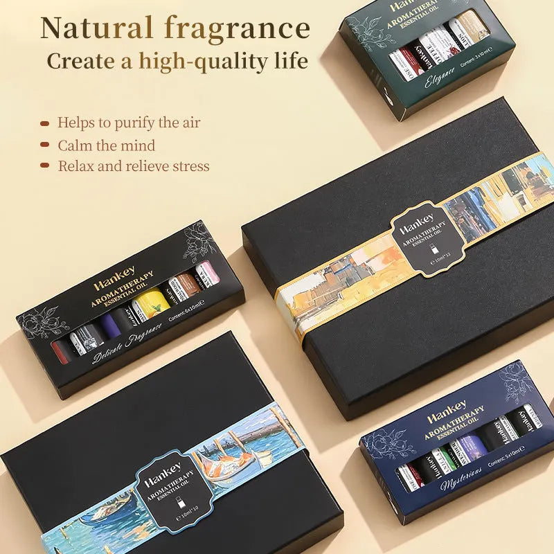 Water-soluble aromatherapy essential oil sets in boxed packaging showing lavender, eucalyptus and lemongrass bottles