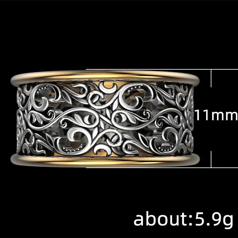 Creative retro hollow pattern alloy men's ring in black gold colour separation