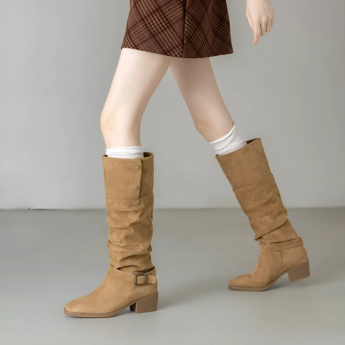 Chunky heel wrinkled stacked ankle Martin boots in khaki, showing hollow out detail and square toe on synthetic leather upper