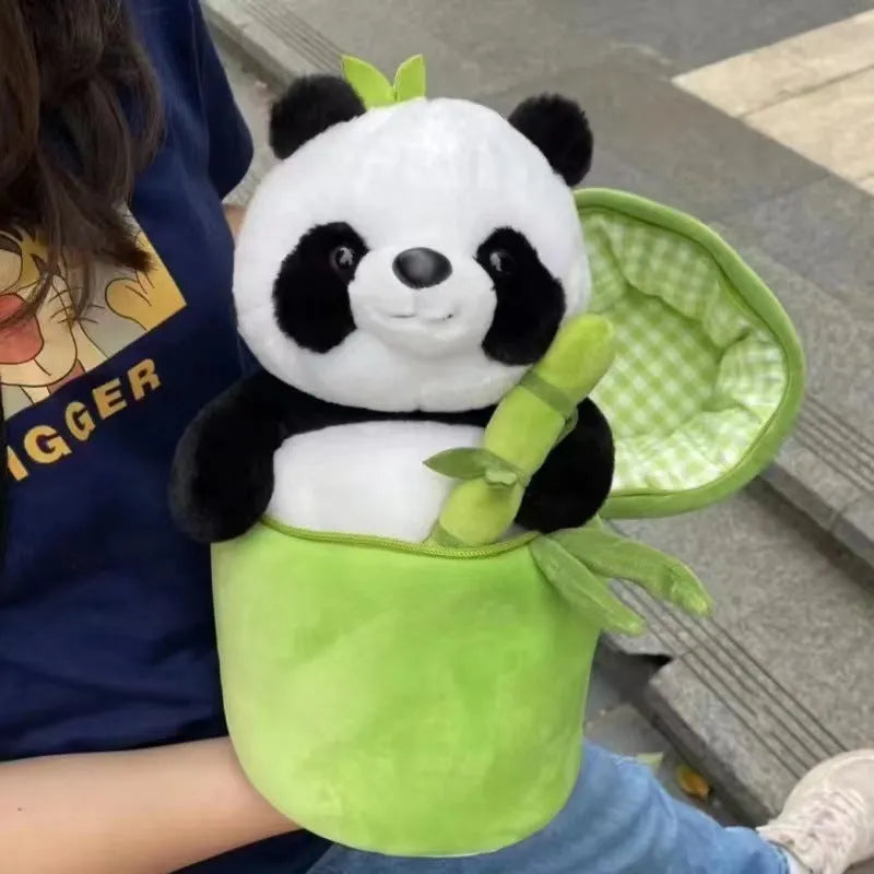 Panda plush doll with bamboo tube design holding bamboo, PP cotton filling, available in 25cm, 40cm, and 50cm sizes