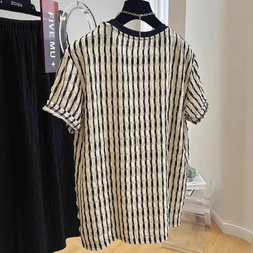 Black striped men's loose linen silk blend short sleeve pullover shirt casual summer wear